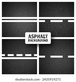 Asphalt road with white lane marking, concrete highway surface, texture. Street traffic line, road dividing strip. Pattern with grainy structure, grunge stone background. Vector illustration