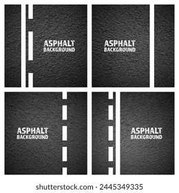 Asphalt road with white lane marking, concrete highway surface, texture. Street traffic line, road dividing strip. Pattern with grainy structure, grunge stone background. Vector illustration