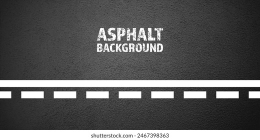 Asphalt road with white lane marking, concrete highway surface, texture. Street traffic line, road dividing strip. Pattern with grainy structure, grunge stone background. Vector illustration