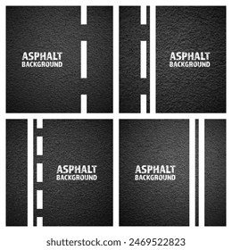 Asphalt road with white lane marking, concrete highway surface, texture. Street traffic line, road dividing strip. Pattern with grainy structure, grunge stone background. Vector illustration