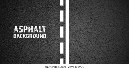 Asphalt road with white lane marking, concrete highway surface, texture. Street traffic line, road dividing strip. Pattern with grainy structure, grunge stone background. Vector illustration.