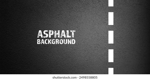 Asphalt road with white lane marking, concrete highway surface, texture. Street traffic line, road dividing strip. Pattern with grainy structure, grunge stone background. Vector illustration