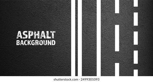 Asphalt road with white lane marking, concrete highway surface, texture. Street traffic line, road dividing strip. Pattern with grainy structure, grunge stone background. Vector illustration