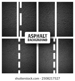 Asphalt road with white lane marking, concrete highway surface, texture. Street traffic line, road dividing strip. Pattern with grainy structure, grunge stone background. Vector illustration