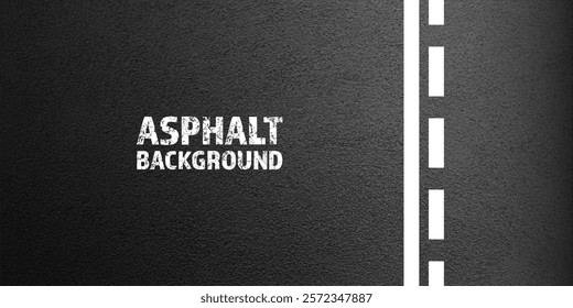 Asphalt road with white lane marking, concrete highway surface, texture. Street traffic line, road dividing strip. Pattern with grainy structure, grunge stone background. Vector illustration