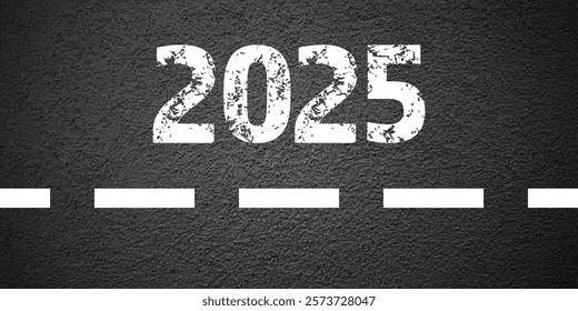 Asphalt road with white lane marking, concrete highway surface, texture. New year 2025. Street traffic line, road dividing strip. Pattern grainy structure, grunge background. Vector illustration