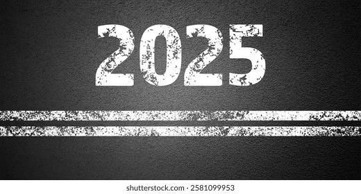 Asphalt road with white lane marking, concrete highway surface, texture. New year 2025. Street traffic line, road dividing strip. Pattern grainy structure, grunge background. Vector illustration