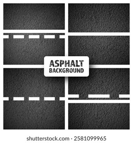 Asphalt road with white lane marking, concrete highway surface, texture. Street traffic line, road dividing strip. Pattern with grainy structure, grunge stone background. Vector illustration