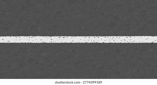 Asphalt road with white line, seamless highway texture. Single lane, asphalt road marking. Grunge linear highway markings, top view. Grey background with painted white stripe, vector illustration