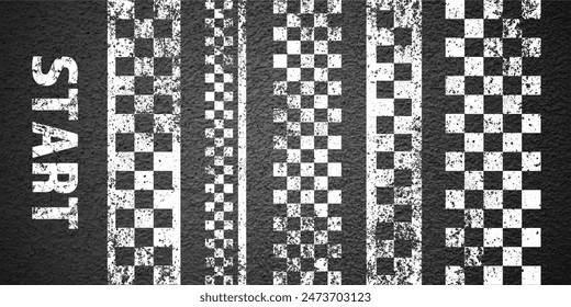 Asphalt road with white start or finish checkered line marking, concrete highway surface, texture. Street traffic lane, road dividing strip. Pattern with grainy structure. Vector illustration