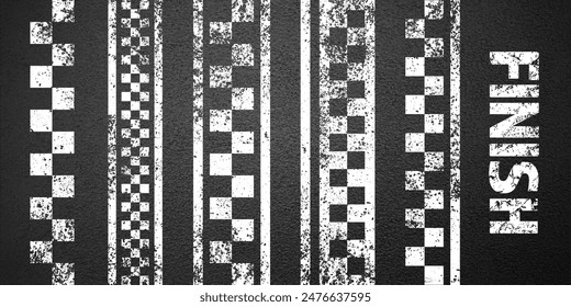 Asphalt road with white start or finish checkered line marking, concrete highway surface, texture. Street traffic lane, road dividing strip. Pattern with grainy structure. Vector illustration