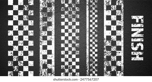 Asphalt road with white start or finish checkered line marking, concrete highway surface, texture. Street traffic lane, road dividing strip. Pattern with grainy structure. Vector illustration