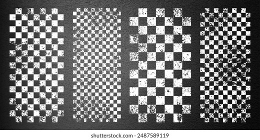 Asphalt road with white start or finish checkered line marking, concrete highway surface, texture. Street traffic lane, road dividing strip. Pattern with grainy structure. Vector illustration