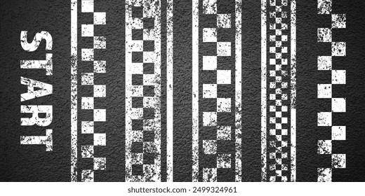 Asphalt road with white start or finish checkered line marking, concrete highway surface, texture. Street traffic lane, road dividing strip. Pattern with grainy structure. Vector illustration