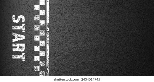 Asphalt road with white start line marking, concrete highway surface, texture. Street traffic lane, road dividing strip. Pattern with grainy structure, grunge stone background. Vector illustration