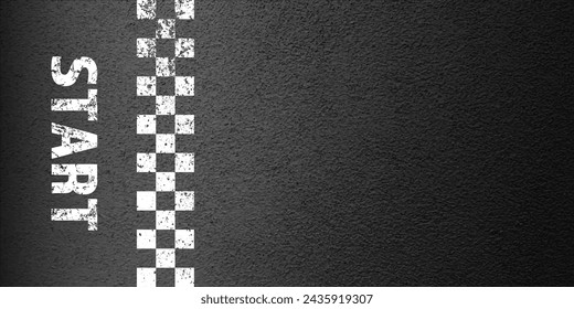 Asphalt road with white start line marking, concrete highway surface, texture. Street traffic lane, road dividing strip. Pattern with grainy structure, grunge stone background. Vector illustration