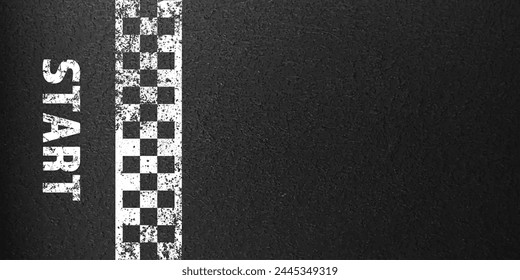 Asphalt road with white start line marking, concrete highway surface, texture. Street traffic lane, road dividing strip. Pattern with grainy structure, grunge stone background. Vector illustration