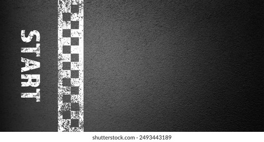 Asphalt road with white start line marking, concrete highway surface, texture. Street traffic lane, road dividing strip. Pattern with grainy structure, grunge stone background. Vector illustration