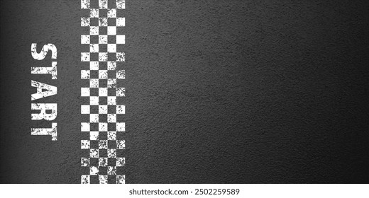 Asphalt road with white start line marking, concrete highway surface, texture. Street traffic lane, road dividing strip. Pattern with grainy structure, grunge stone background. Vector illustration