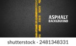 Asphalt road with yellow cracked lane marking, concrete highway surface, texture. Street traffic line, road dividing strip. Pattern with grainy structure, grunge stone background. Vector illustration