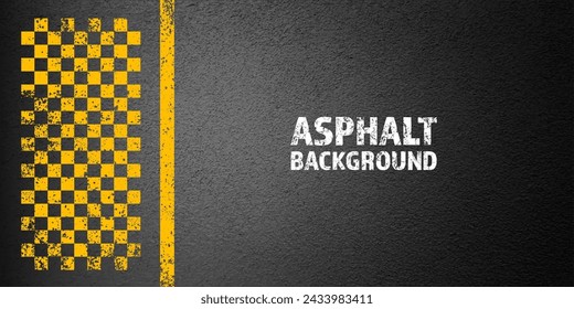 Asphalt road with yellow cracked lane marking, concrete highway surface, texture. Street traffic line, road dividing strip. Pattern with grainy structure, grunge stone background. Vector illustration