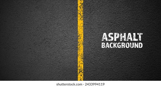 Asphalt road with yellow cracked lane marking, concrete highway surface, texture. Street traffic line, road dividing strip. Pattern with grainy structure, grunge stone background. Vector illustration