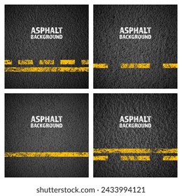 Asphalt road with yellow cracked lane marking, concrete highway surface, texture. Street traffic line, road dividing strip. Pattern with grainy structure, grunge stone background. Vector illustration