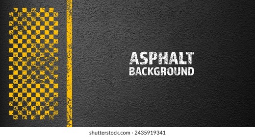 Asphalt road with yellow cracked lane marking, concrete highway surface, texture. Street traffic line, road dividing strip. Pattern with grainy structure, grunge stone background. Vector illustration