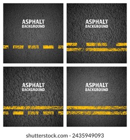 Asphalt road with yellow cracked lane marking, concrete highway surface, texture. Street traffic line, road dividing strip. Pattern with grainy structure, grunge stone background. Vector illustration