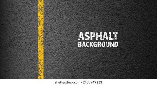 Asphalt road with yellow cracked lane marking, concrete highway surface, texture. Street traffic line, road dividing strip. Pattern with grainy structure, grunge stone background. Vector illustration