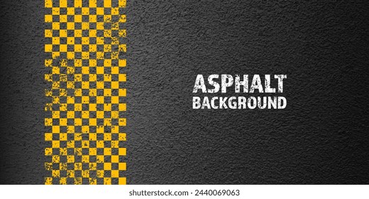 Asphalt road with yellow cracked lane marking, concrete highway surface, texture. Street traffic line, road dividing strip. Pattern with grainy structure, grunge stone background. Vector illustration