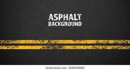 Asphalt road with yellow cracked lane marking, concrete highway surface, texture. Street traffic line, road dividing strip. Pattern with grainy structure, grunge stone background. Vector illustration