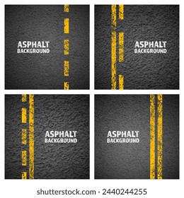 Asphalt road with yellow cracked lane marking, concrete highway surface, texture. Street traffic line, road dividing strip. Pattern with grainy structure, grunge stone background. Vector illustration