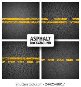 Asphalt road with yellow cracked lane marking, concrete highway surface, texture. Street traffic line, road dividing strip. Pattern with grainy structure, grunge stone background. Vector illustration