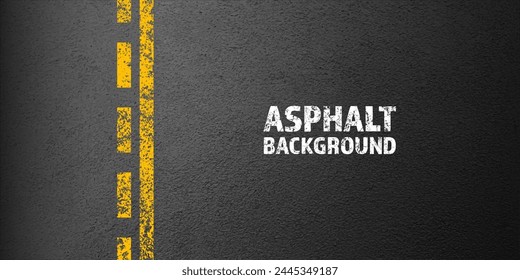 Asphalt road with yellow cracked lane marking, concrete highway surface, texture. Street traffic line, road dividing strip. Pattern with grainy structure, grunge stone background. Vector illustration