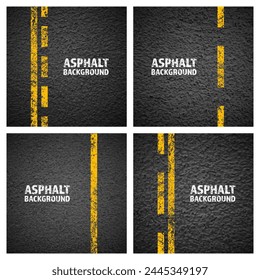 Asphalt road with yellow cracked lane marking, concrete highway surface, texture. Street traffic line, road dividing strip. Pattern with grainy structure, grunge stone background. Vector illustration