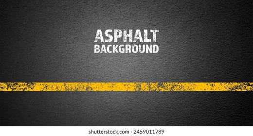 Carretera de asfalto con marca de carril amarillo agrietado, superficie de carretera de hormigón, textura. Línea de tráfico de la calle, carretera que divide la pista. Patrón con estructura granulada, fondo de piedra grunge. Ilustración vectorial