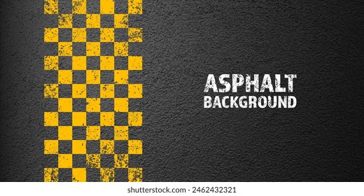 Asphalt road with yellow cracked lane marking, concrete highway surface, texture. Street traffic line, road dividing strip. Pattern with grainy structure, grunge stone background. Vector illustration