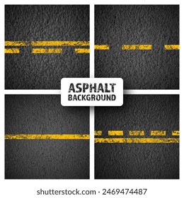 Asphalt road with yellow cracked lane marking, concrete highway surface, texture. Street traffic line, road dividing strip. Pattern with grainy structure, grunge stone background. Vector illustration