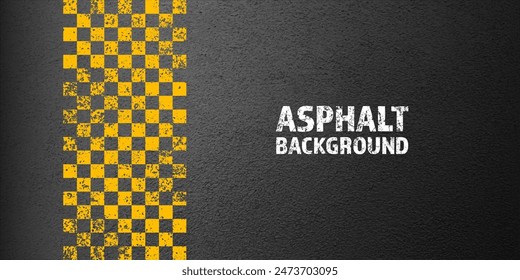 Asphalt road with yellow cracked lane marking, concrete highway surface, texture. Street traffic line, road dividing strip. Pattern with grainy structure, grunge stone background. Vector illustration