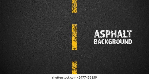 Asphalt road with yellow cracked lane marking, concrete highway surface, texture. Street traffic line, road dividing strip. Pattern with grainy structure, grunge stone background. Vector illustration