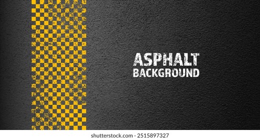 Asphalt road with yellow cracked lane marking, concrete highway surface, texture. Street traffic line, road dividing strip. Pattern with grainy structure, grunge stone background. Vector illustration