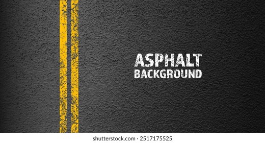 Asphalt road with yellow cracked lane marking, concrete highway surface, texture. Street traffic line, road dividing strip. Pattern with grainy structure, grunge stone background. Vector illustration