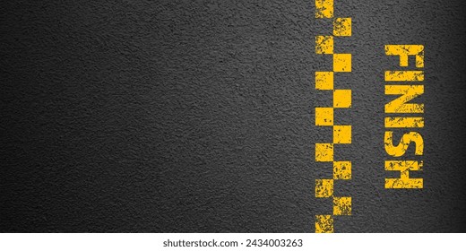 Asphalt road with yellow finish line marking, concrete highway surface, texture. Street traffic lane, road dividing strip. Pattern with grainy structure, grunge stone background. Vector illustration