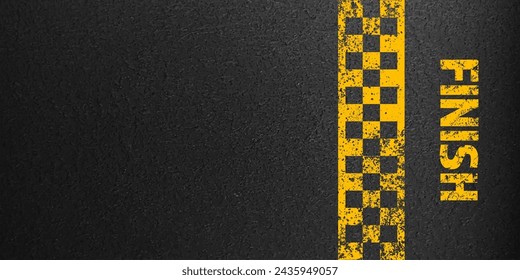 Asphalt road with yellow finish line marking, concrete highway surface, texture. Street traffic lane, road dividing strip. Pattern with grainy structure, grunge stone background. Vector illustration