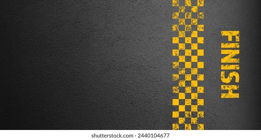 Asphalt road with yellow finish line marking, concrete highway surface, texture. Street traffic lane, road dividing strip. Pattern with grainy structure, grunge stone background. Vector illustration