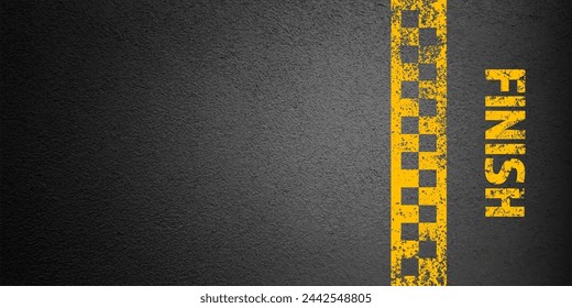 Asphalt road with yellow finish line marking, concrete highway surface, texture. Street traffic lane, road dividing strip. Pattern with grainy structure, grunge stone background. Vector illustration