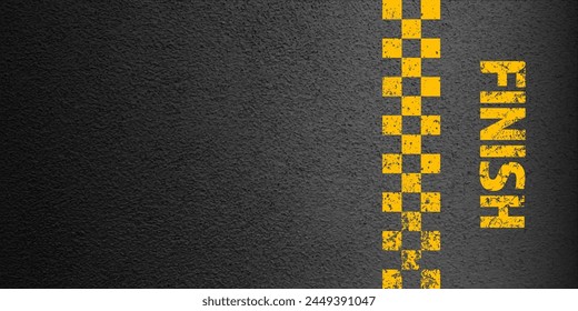 Asphalt road with yellow finish line marking, concrete highway surface, texture. Street traffic lane, road dividing strip. Pattern with grainy structure, grunge stone background. Vector illustration