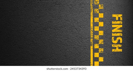 Asphalt road with yellow finish line marking, concrete highway surface, texture. Street traffic lane, road dividing strip. Pattern with grainy structure, grunge stone background. Vector illustration