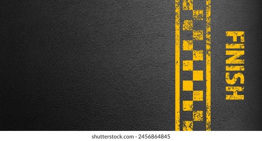 Asphalt road with yellow finish line marking, concrete highway surface, texture. Street traffic lane, road dividing strip. Pattern with grainy structure, grunge stone background. Vector illustration